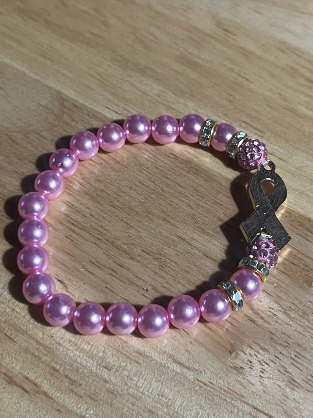 Pink Pearl Beaded Hope Ribbon Bracelet B198